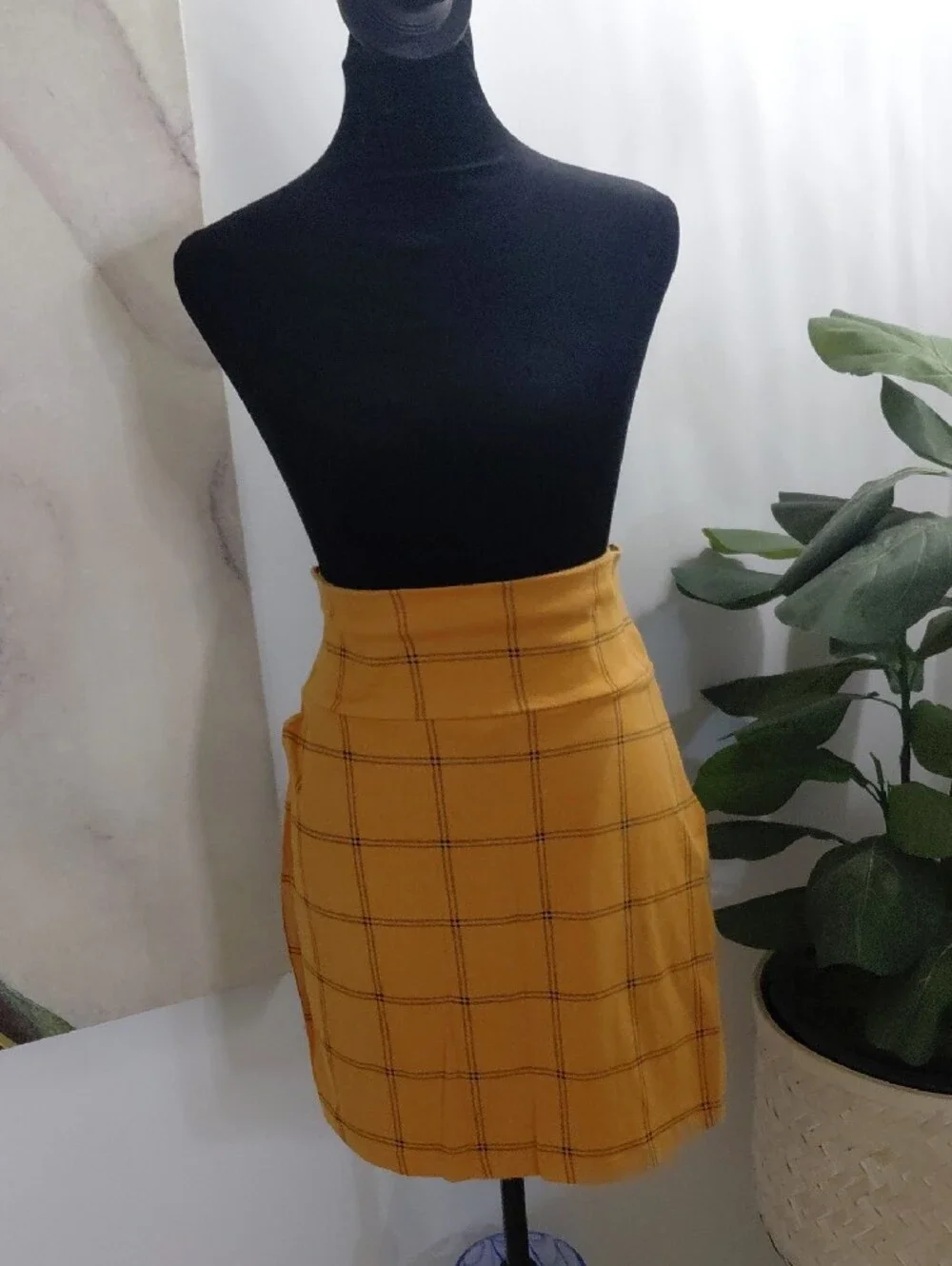 Mustard Plaid High-Waist Mini Skirt